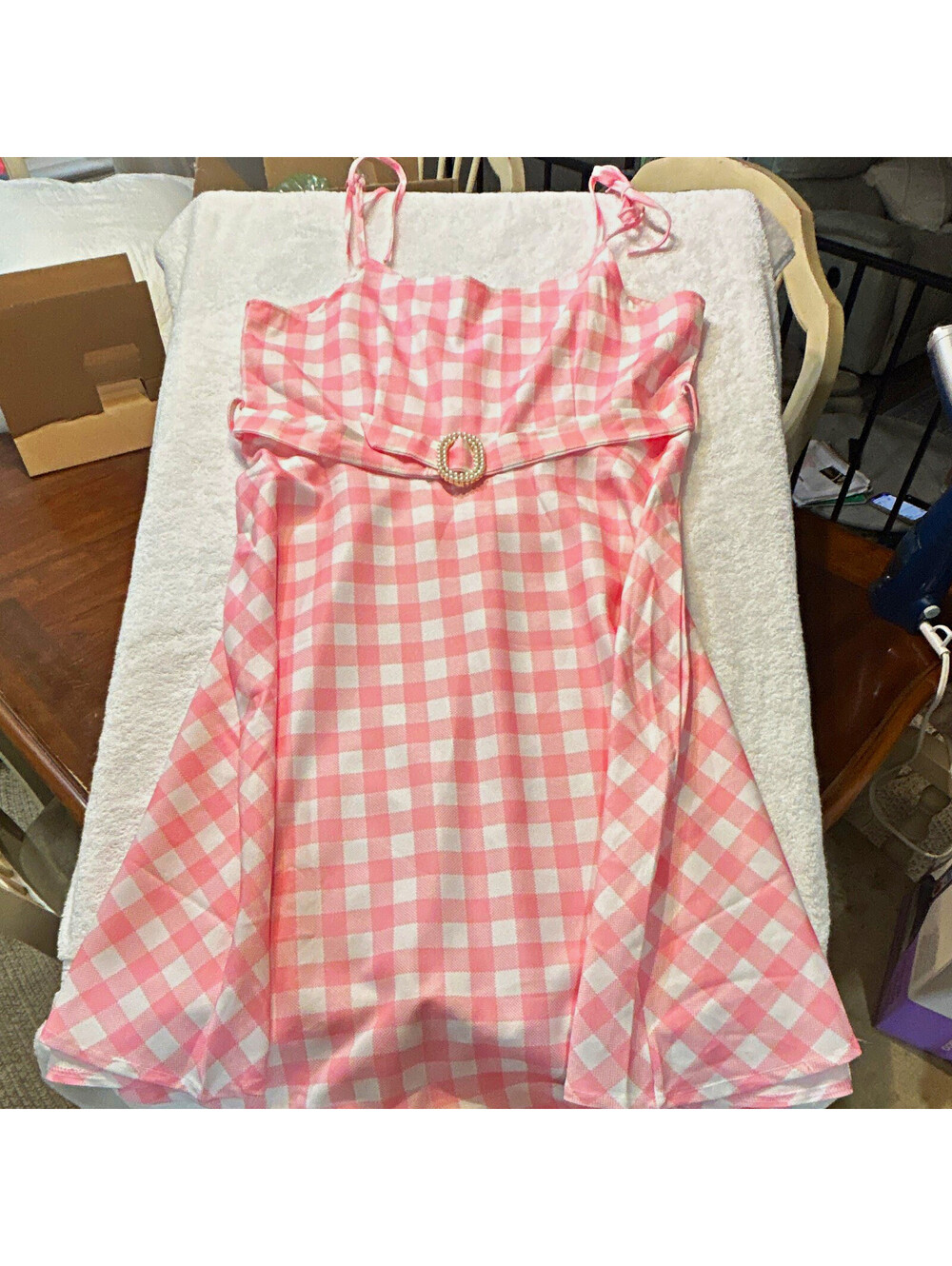 Pink/White Gingham Slip Dress XL Square Neck Strappy Sleeveless Buckle Zip